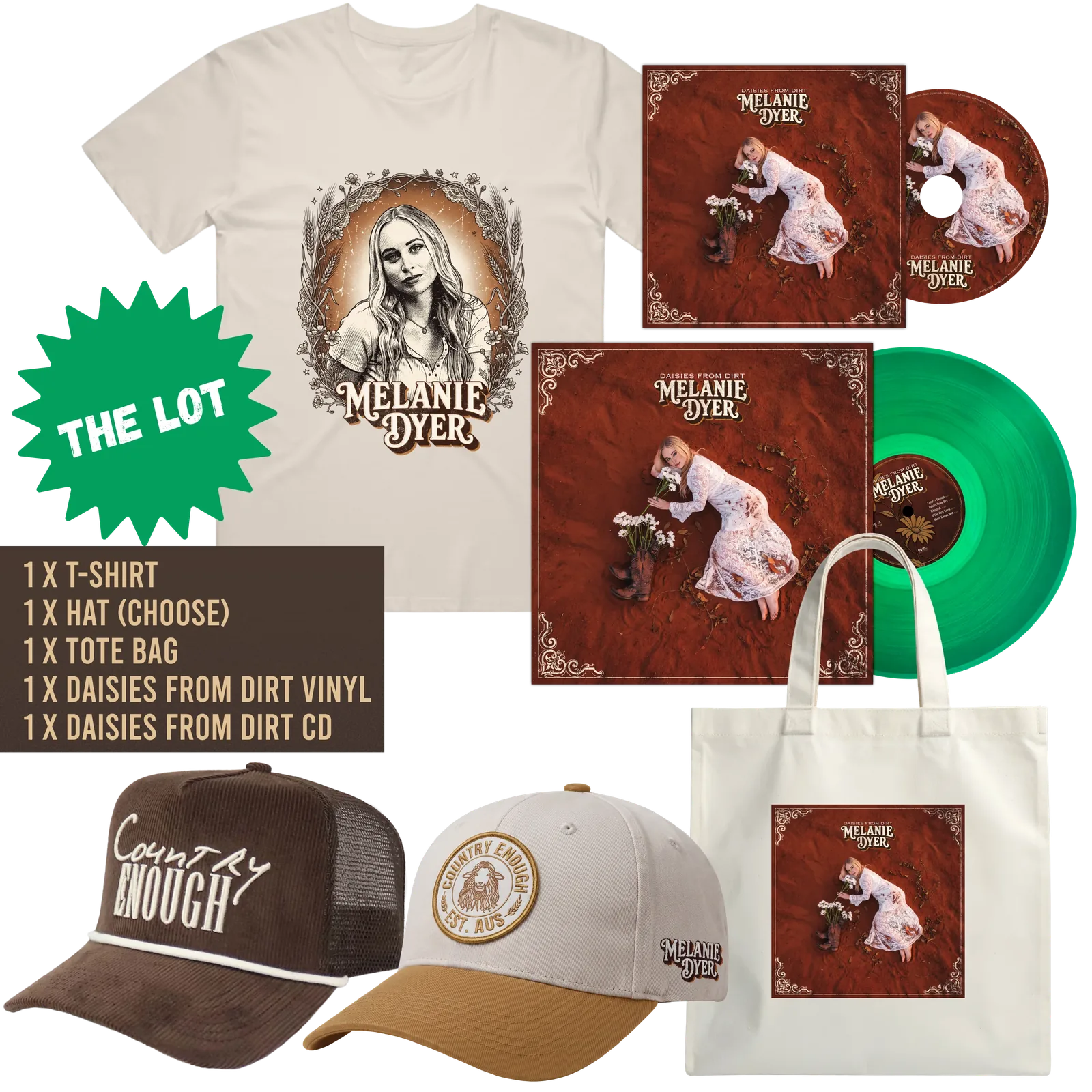 The Lot merchandise bundle with vinyl, CD, tee, tote and hat